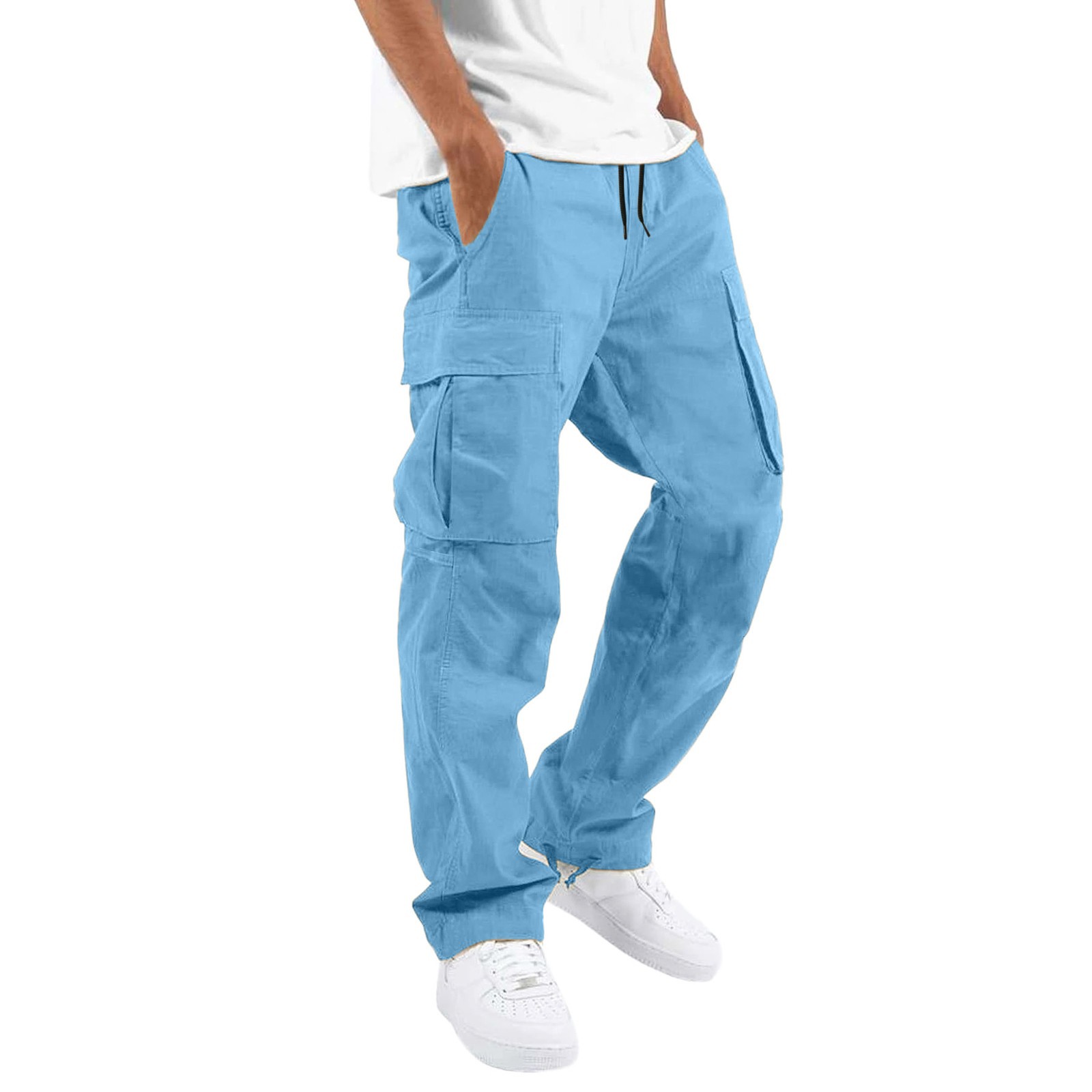 thumbnail image 1 of Pantalones cargo informales para hombre: tejido, múltiples bolsillos, color liso, entrenamiento, 1 of 6